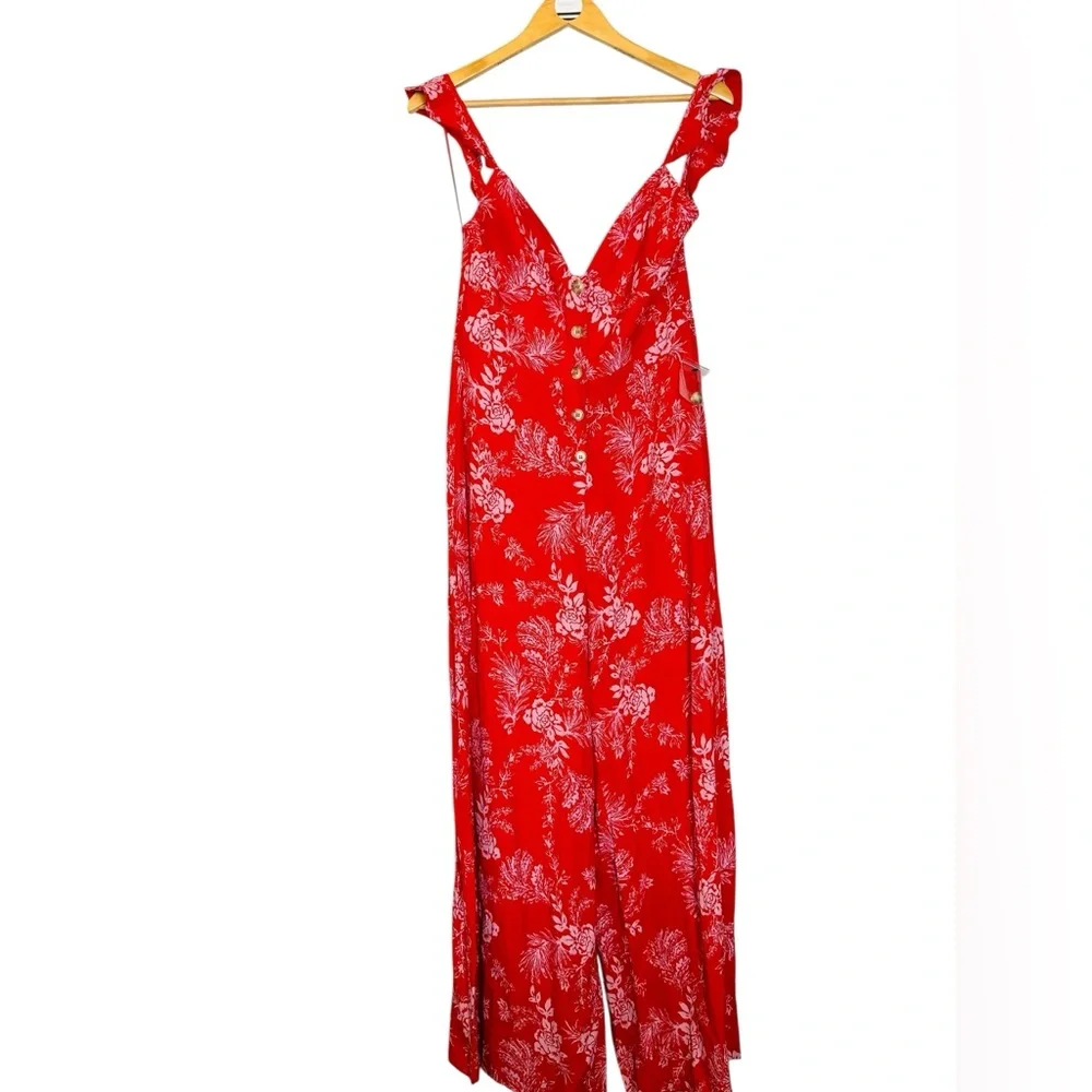 Free People Red Floral Wide Leg Be The One Tropical Pant Boho Tropic Jumpsuit - Picture 2 of 15